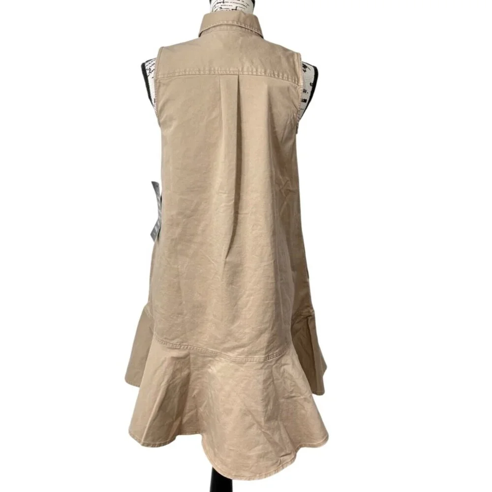Tuckernuck Sleeveless Button-Up Callahan Dress Ruffle Hem Khaki Womens XS NEW - Picture 4 of 10